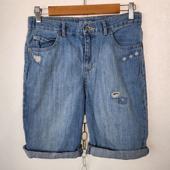 Girls Childrens Place Light Wash Distressed Jean Shorts Size 14 Adjustable Waist - Picture 1 of 4